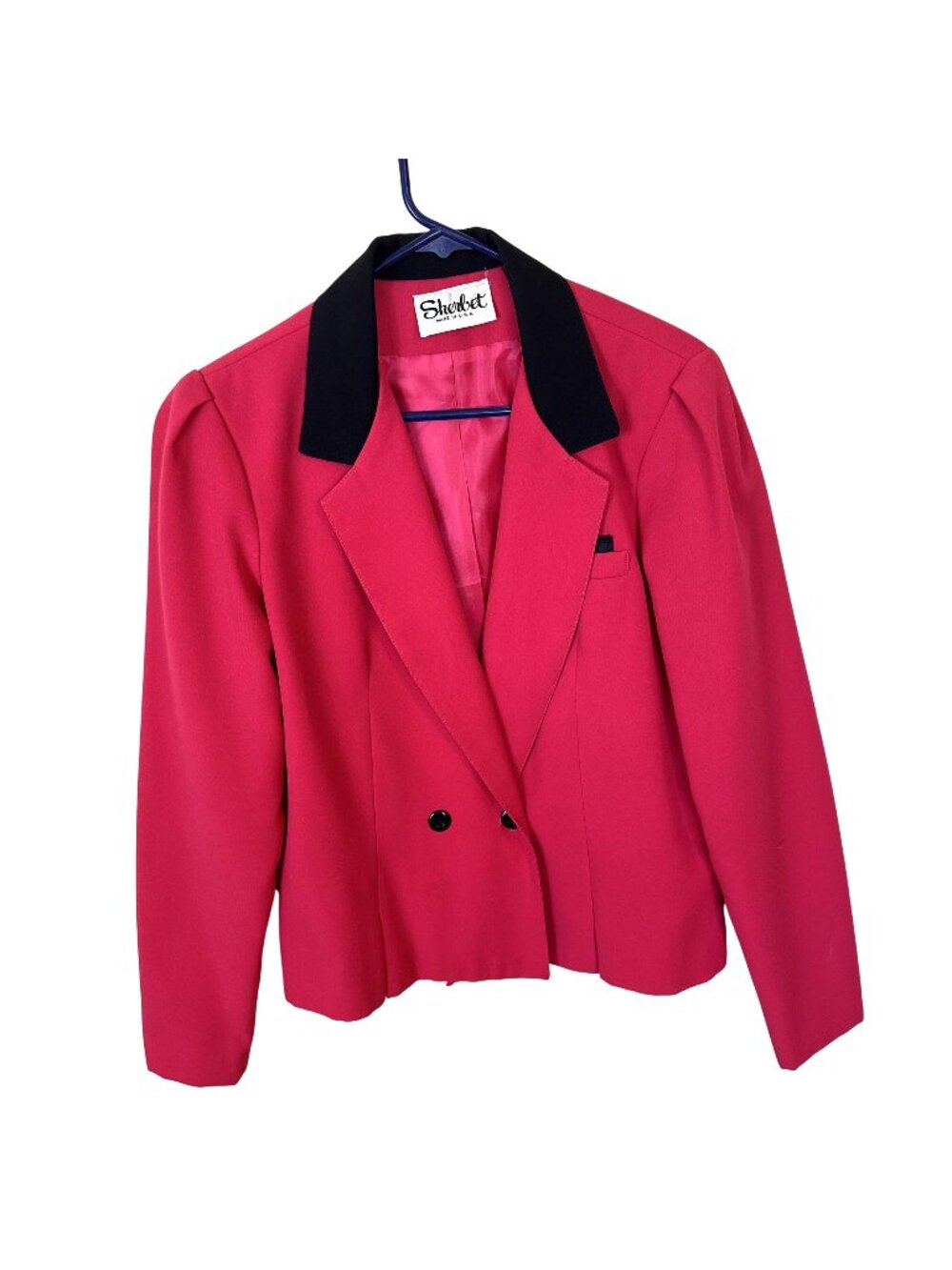 Vtg Womens Sherbet Pink Blazer Double Breasted Black Collar USA Large 80s